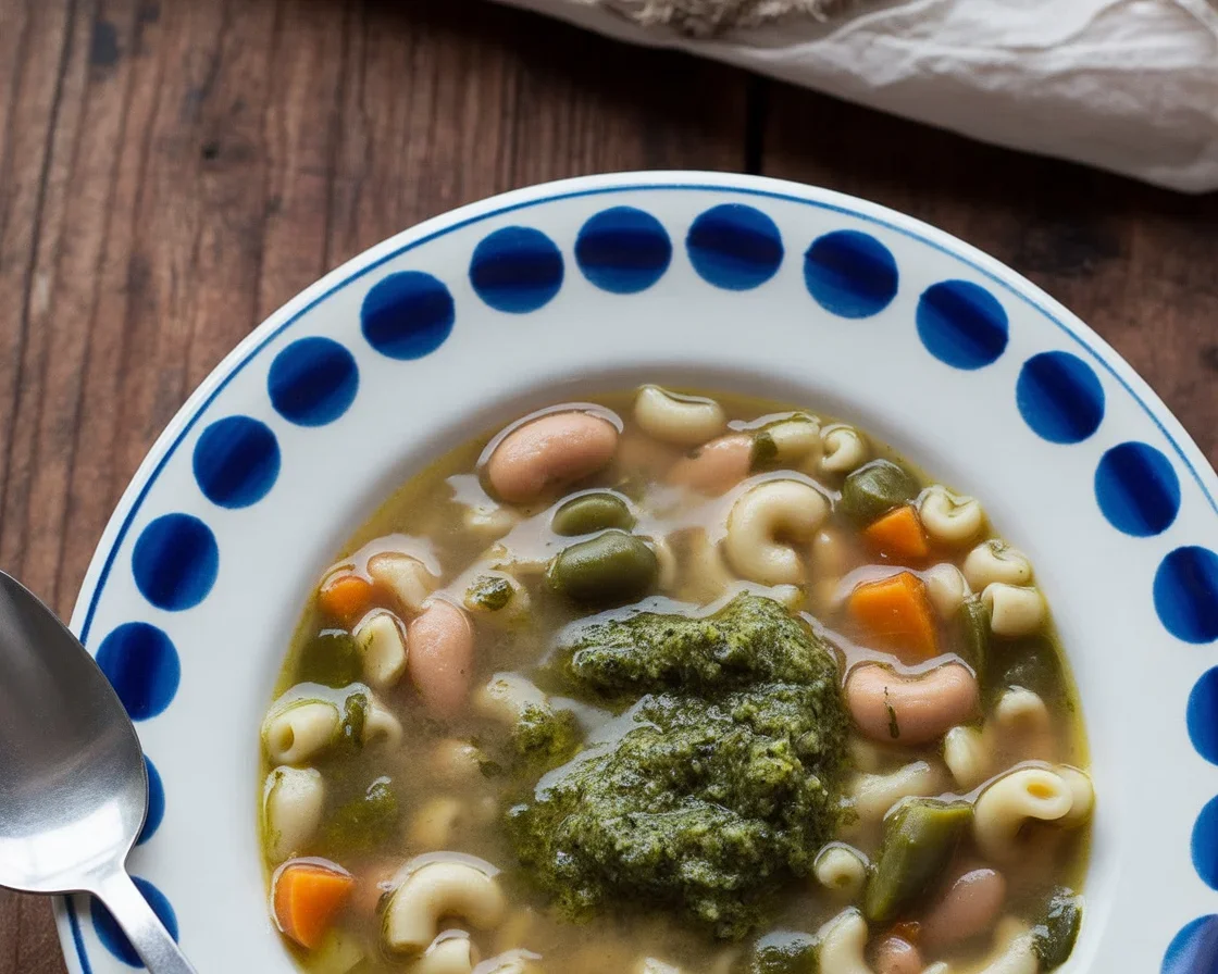 Soupe au pistou préparée avec des légumes frais et herbes aromatiques.