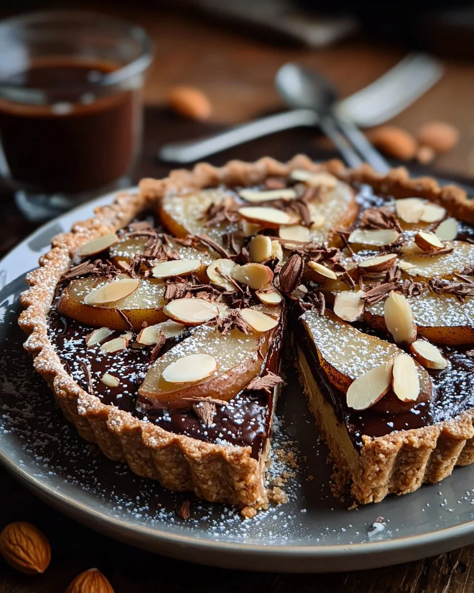 Tarte Poires Amande Chocolat avec garniture délicieuse et décor épuré